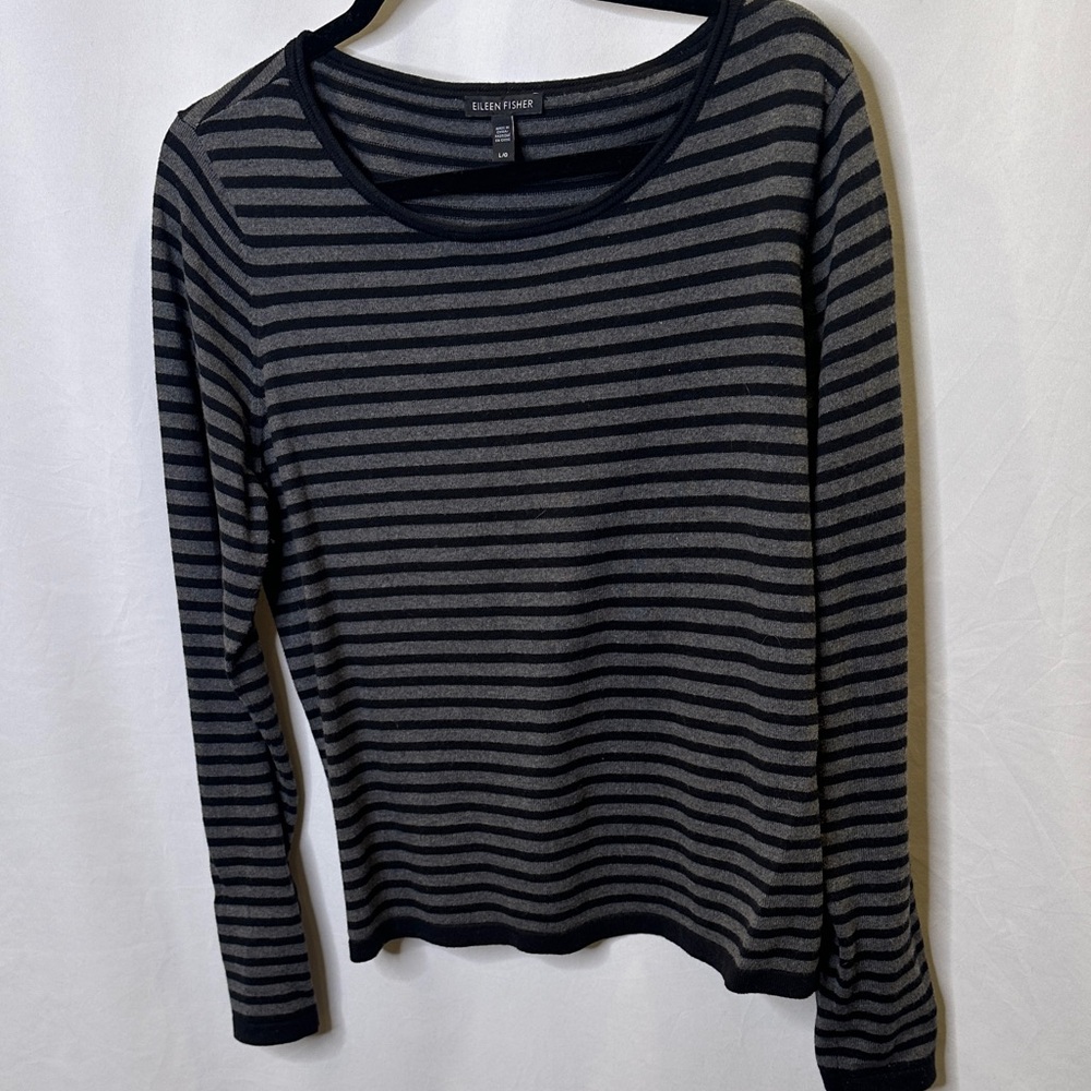 Eileen Fisher 100% cotton scoop neck striped sweater.  Black/gray. VGUC